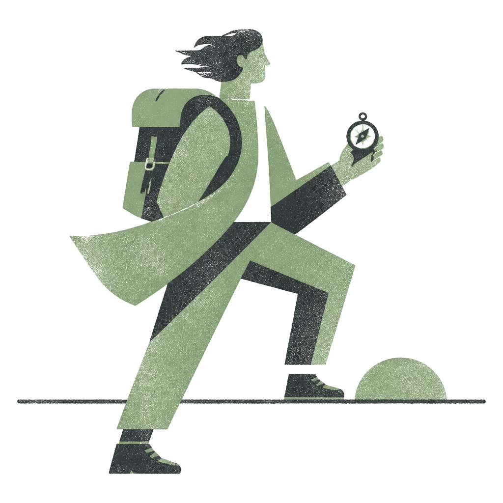 Illustrierte Figur mit Rucksack und Kompass, die über einen Horizont schreitet
