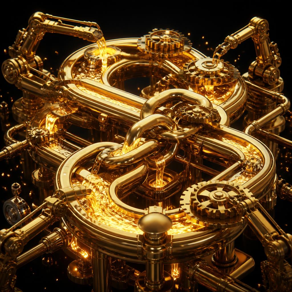 Illustration: goldene Pipeline aus verzahnten Workflow-Gliedern in Endlosschleife