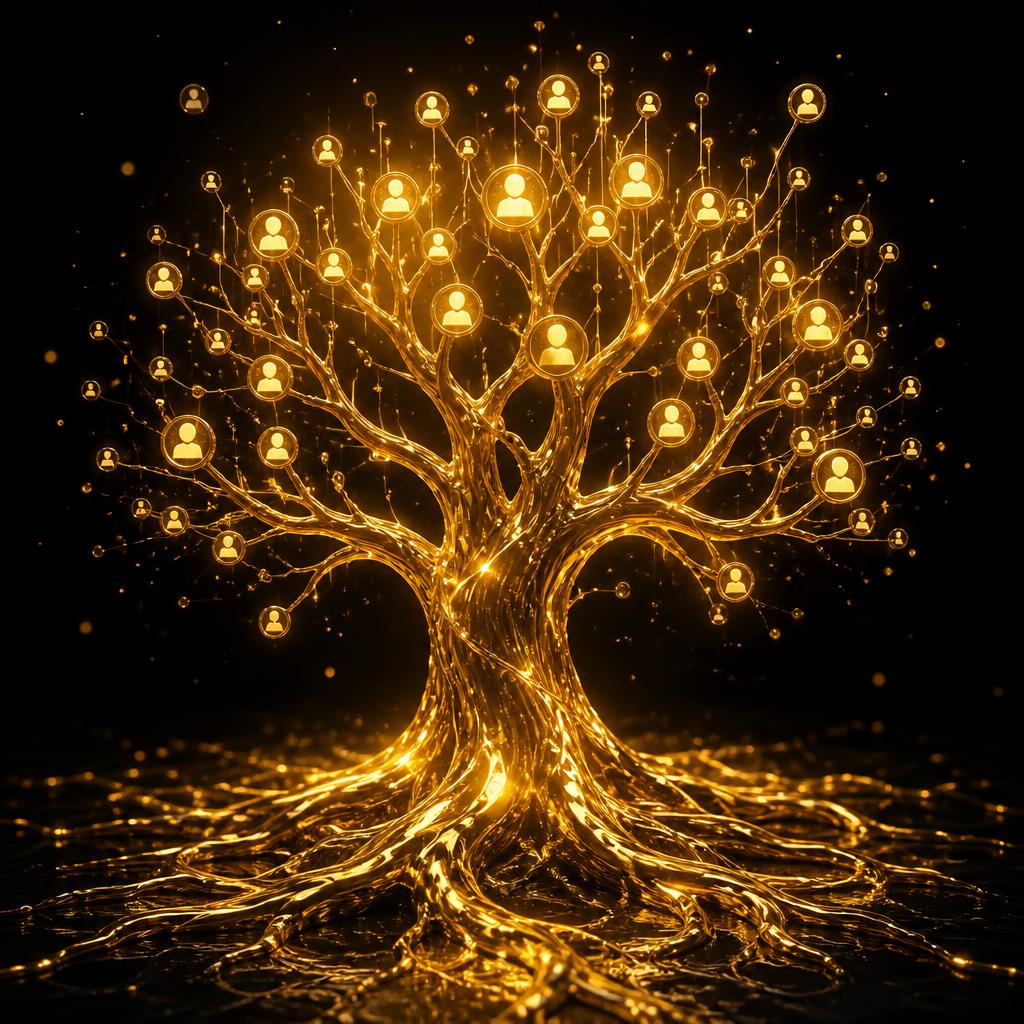 Illustration: goldener Baum, dessen Blätter leuchtende Nutzer-Symbole sind