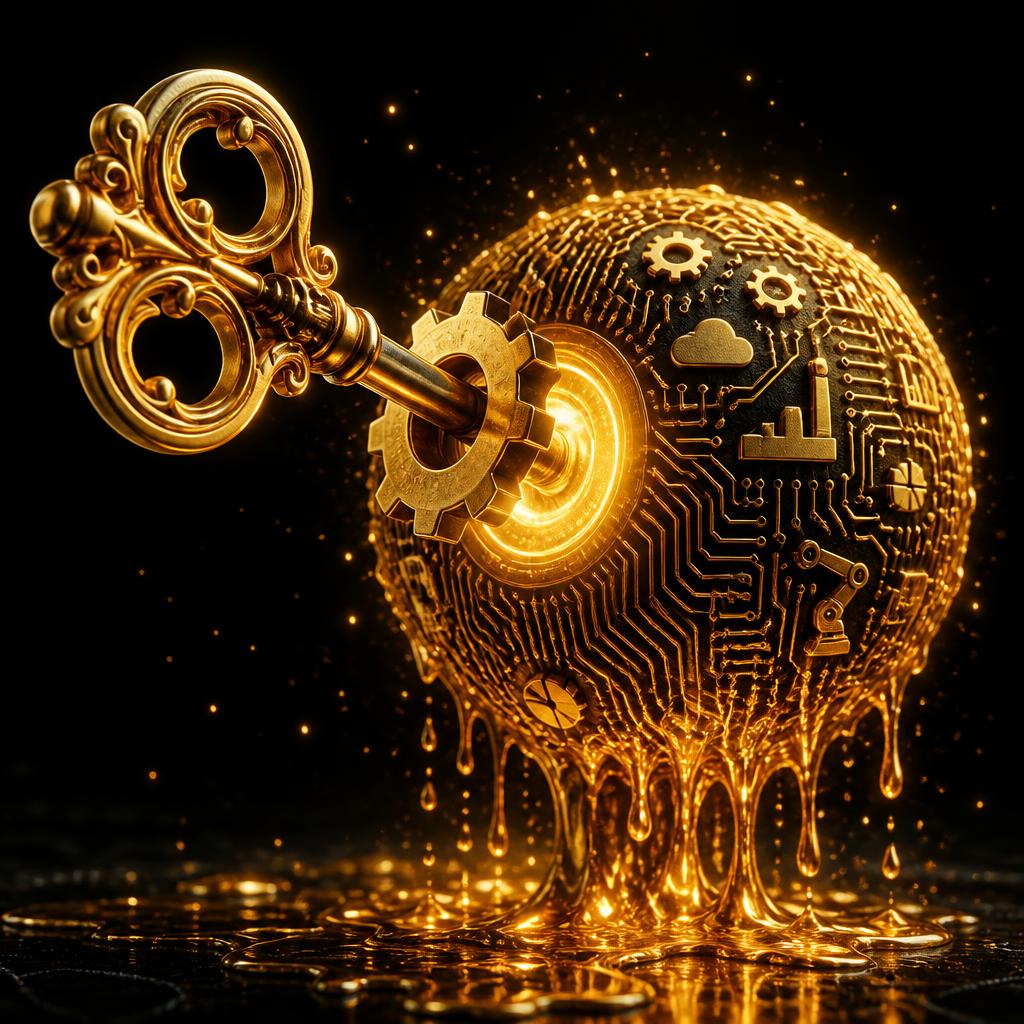 Illustration: goldener Schlüssel mit Zahnrad in einem leuchtenden Branchen-Datenkern