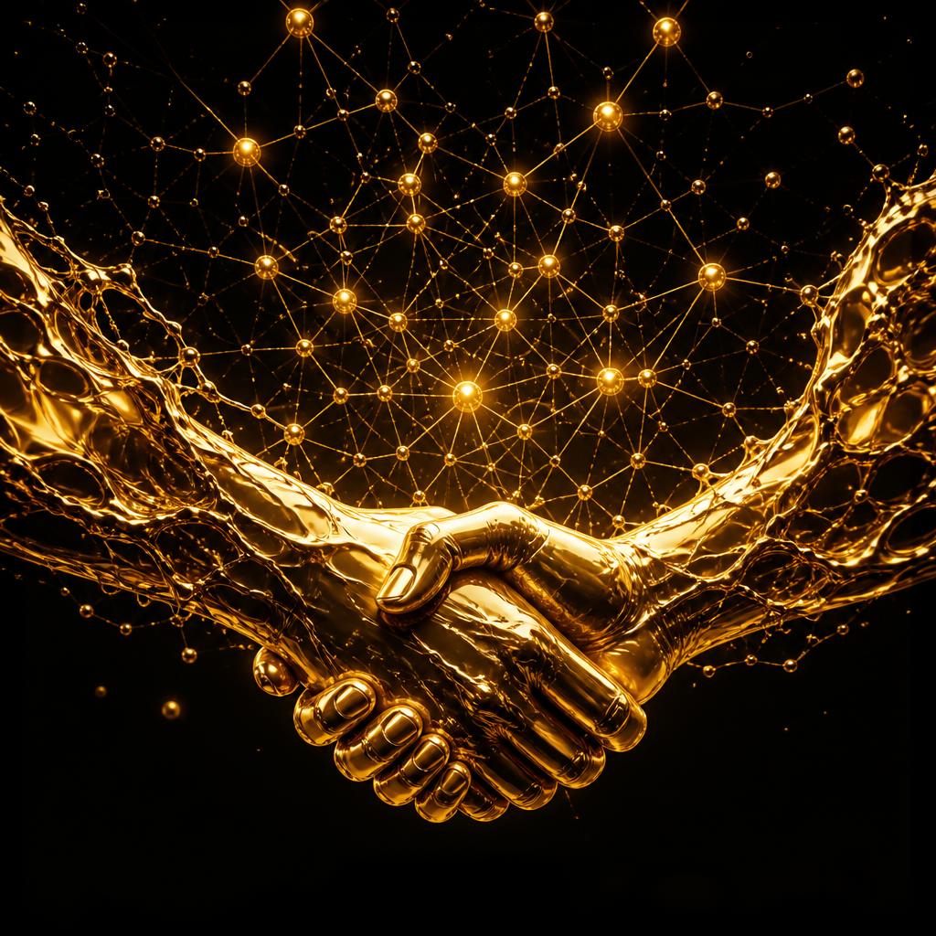 Illustration: goldener Handschlag, aus dem ein leuchtendes Netzwerk aus Knoten wächst