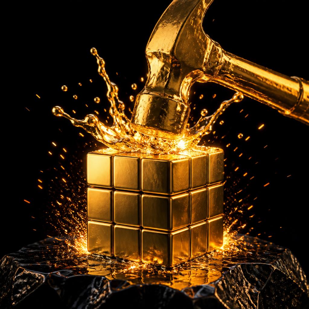 Illustration: goldener Hammer, der den letzten Baustein in ein fertiges Produkt setzt