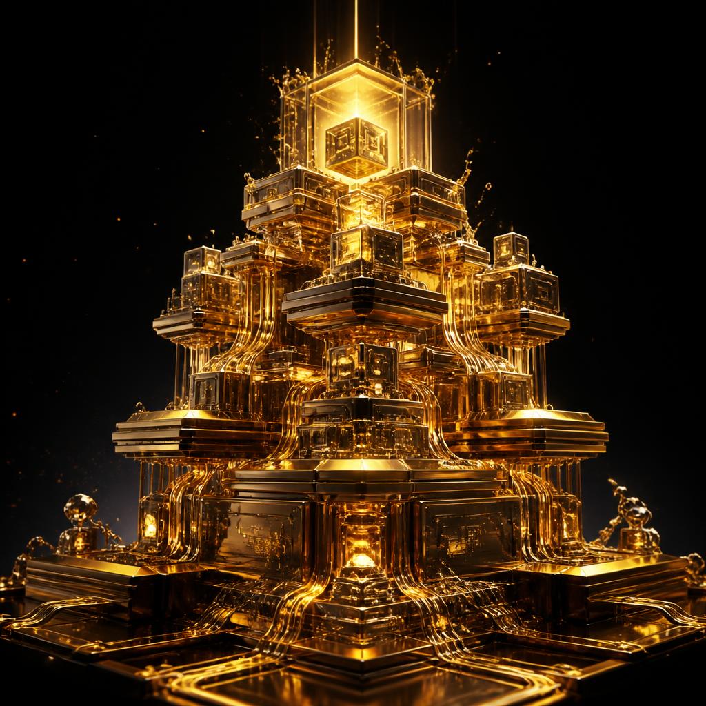 Illustration: goldene Architektur aus gestapelten Systemmodulen und Datenleitungen