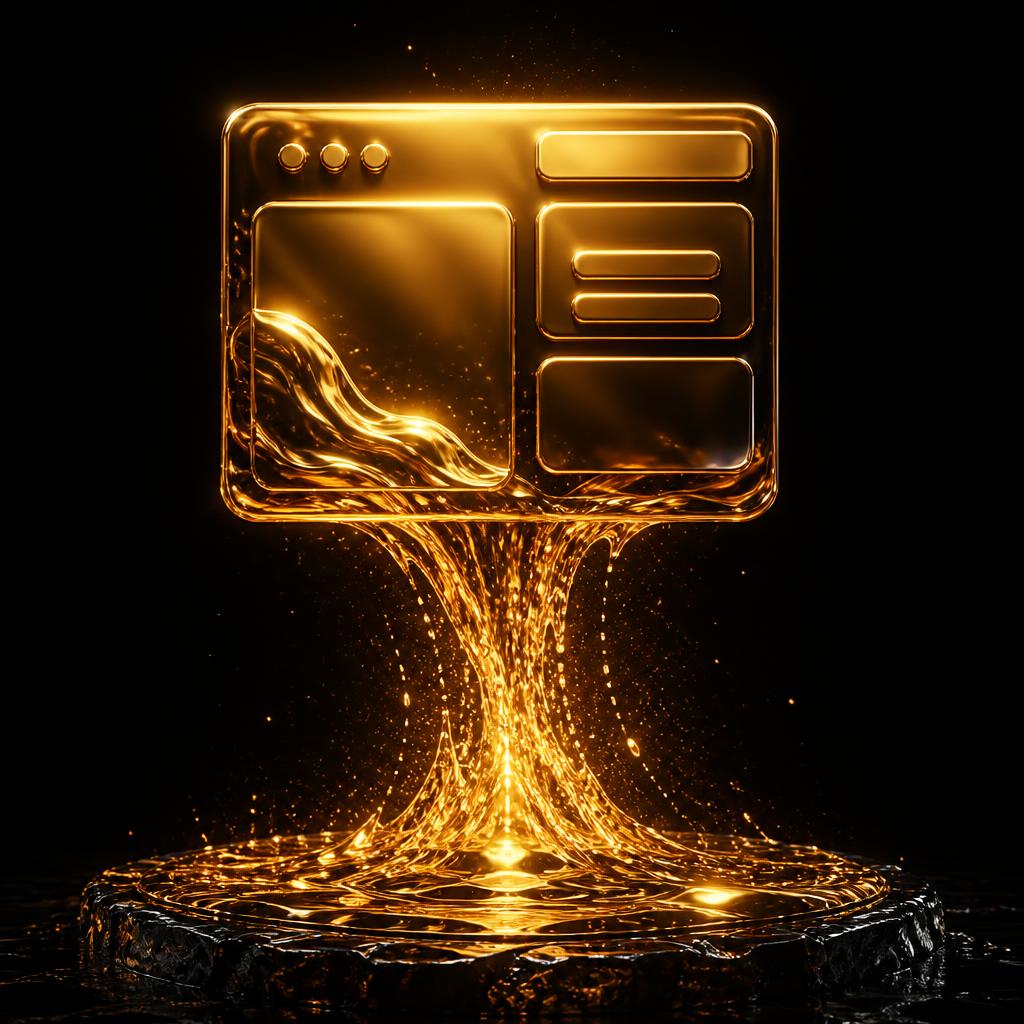 Illustration: ein Strom aus flüssigem Gold, der sich zu einem App-Fenster verfestigt