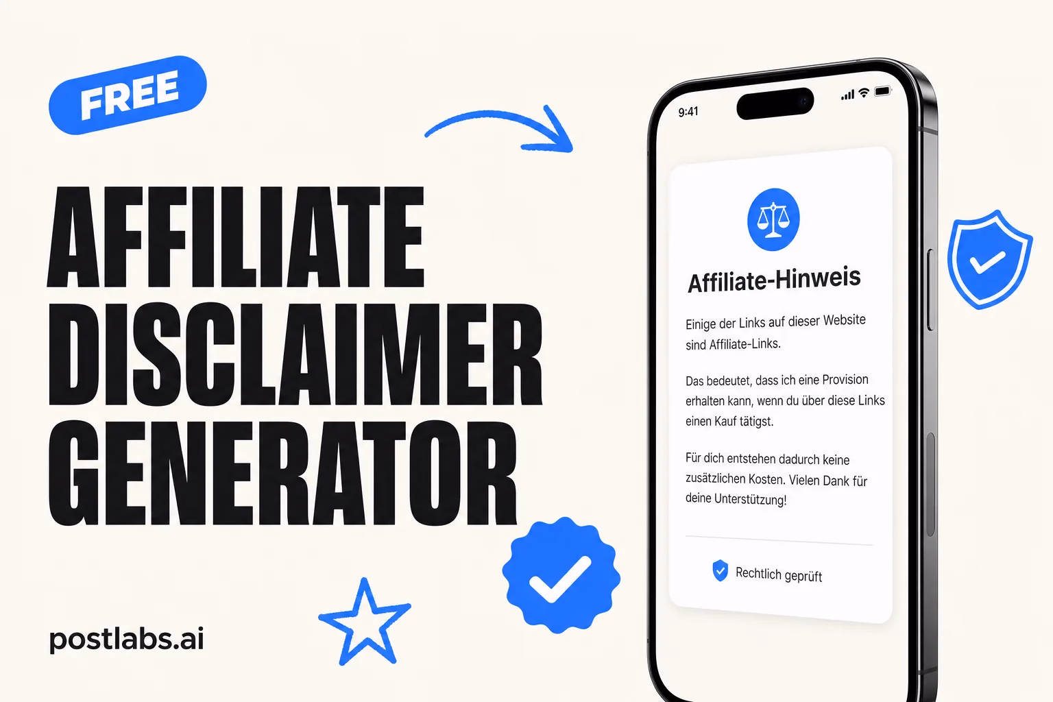Affiliate Disclaimer Generator — kostenloses Postlabs Tool