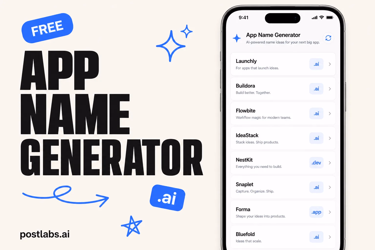 App Name Generator — kostenloses Postlabs Tool