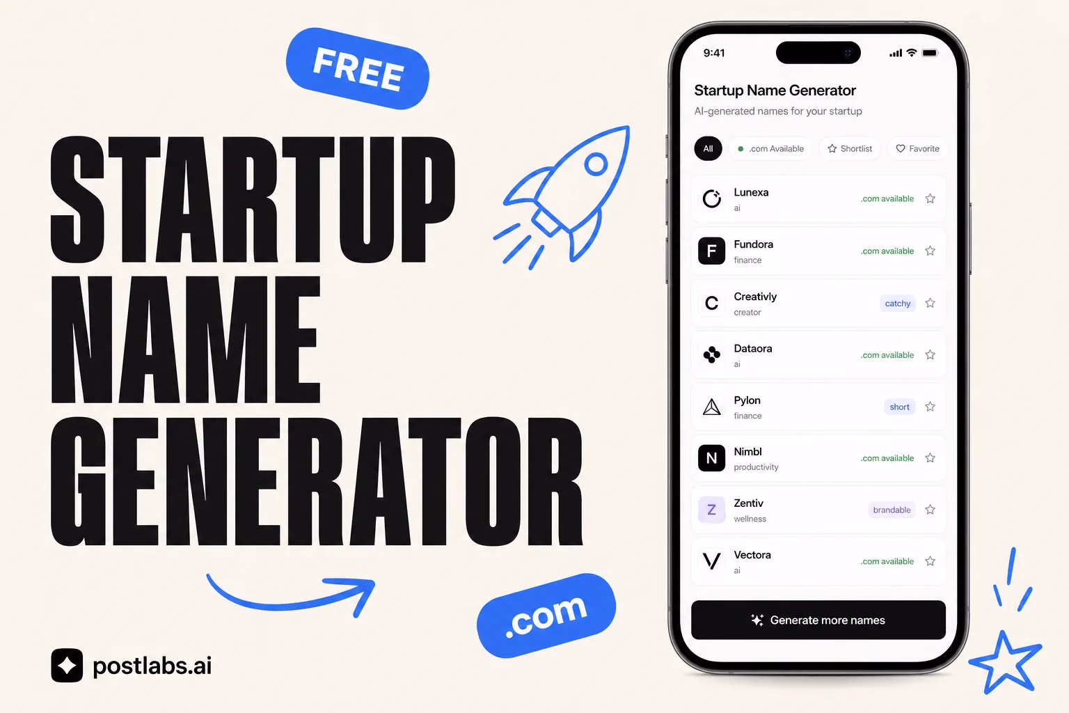 Startup Name Generator — kostenloses Postlabs Tool