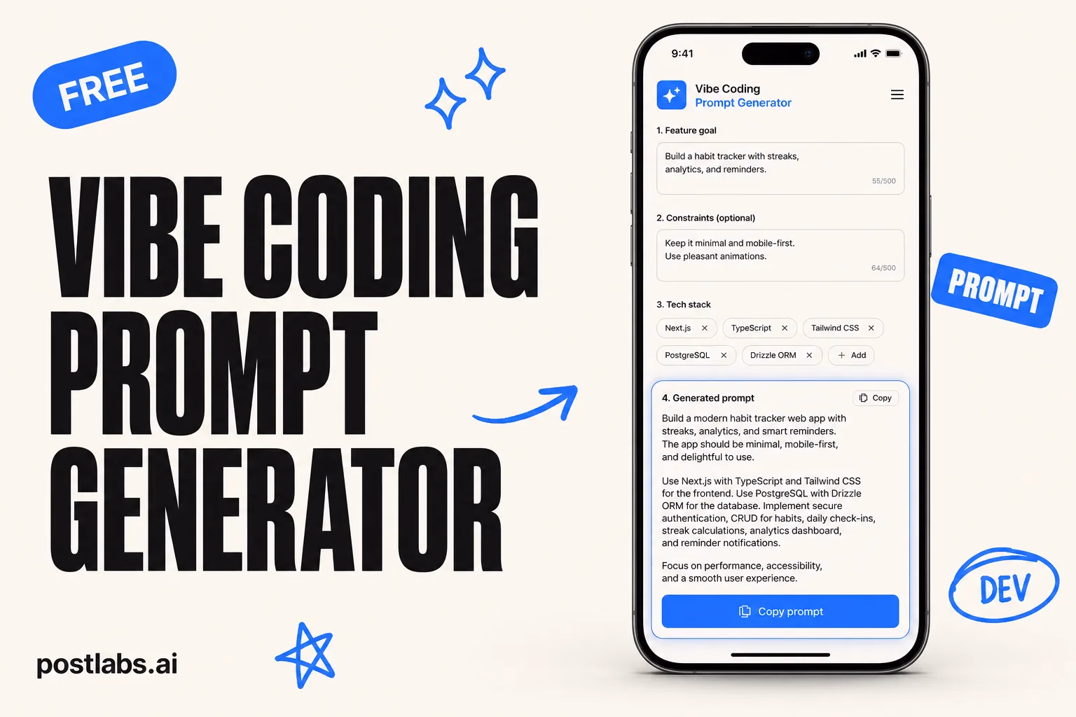 Vibe Coding Prompt Generator — kostenloses Postlabs Tool