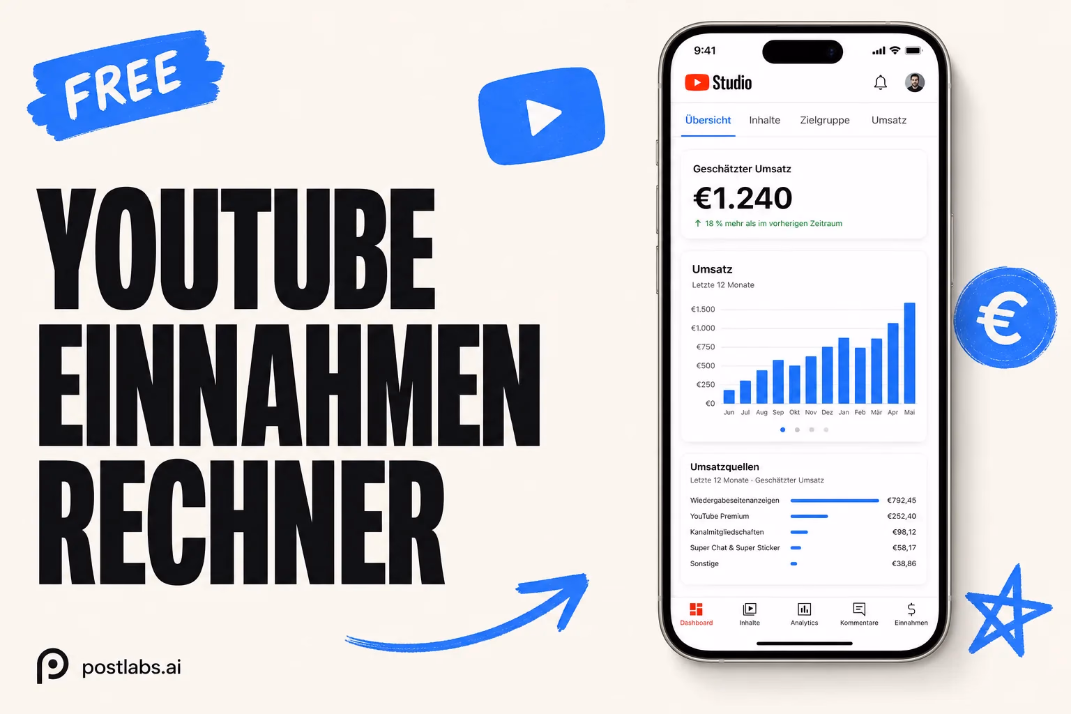 YouTube Einnahmen Rechner — kostenloses Postlabs Tool
