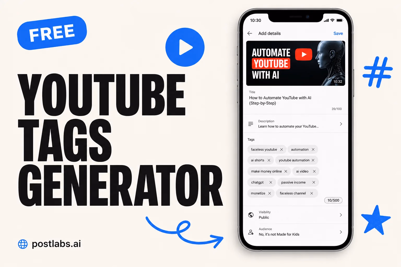 YouTube Tags Generator — kostenloses Postlabs Tool